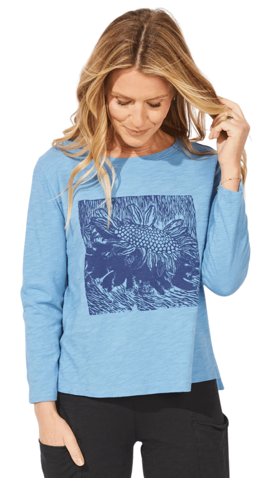 Woodblock Sunflower Long Sleeve Top. Style ESC43025