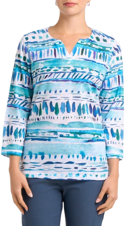 Abstract Blue Tones Print Notch Neck Top. Style MIMXR355