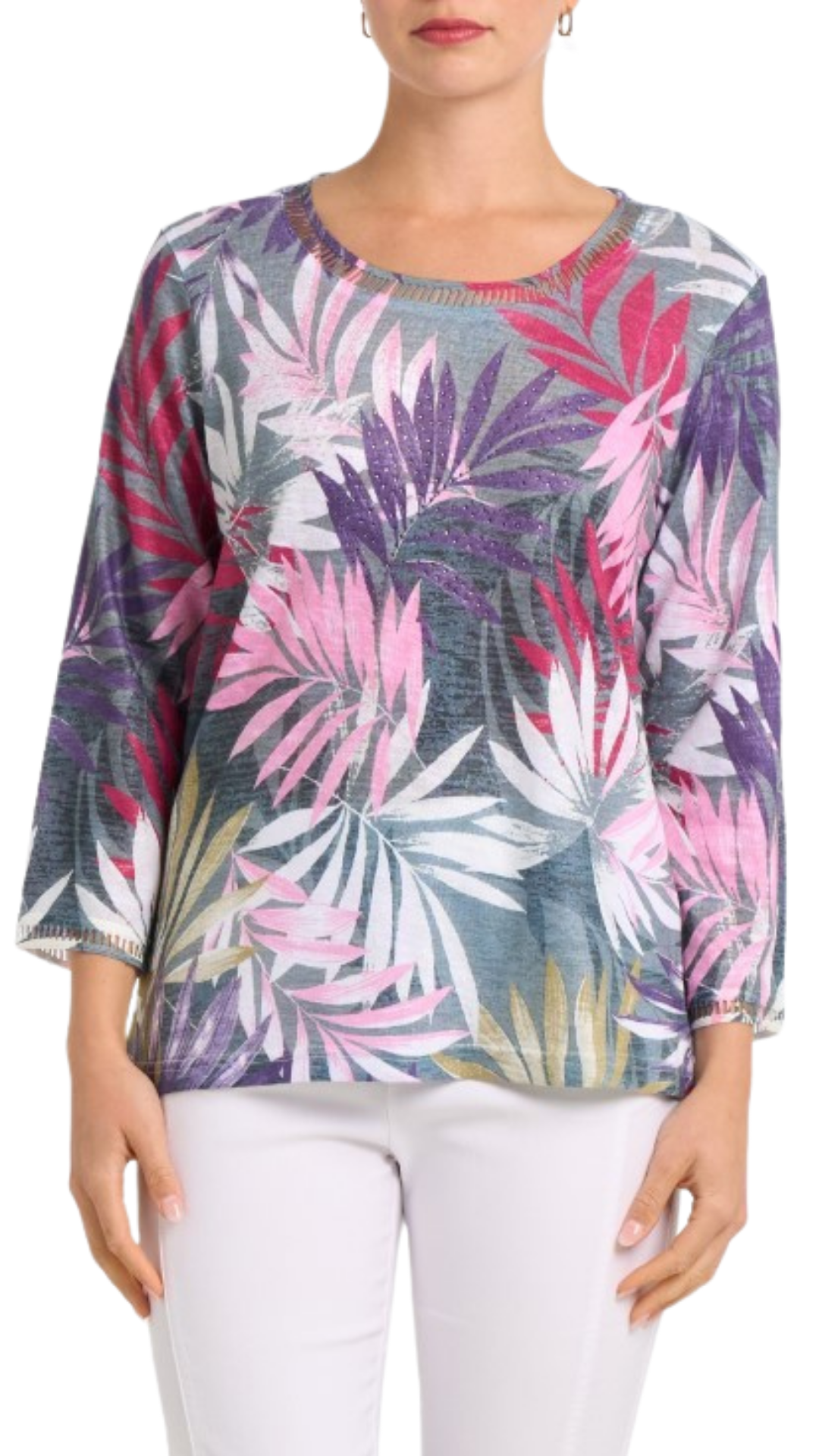 Tropical Leaf Print Ladder Stitch & Rhinestones Top. Style MIMXM476
