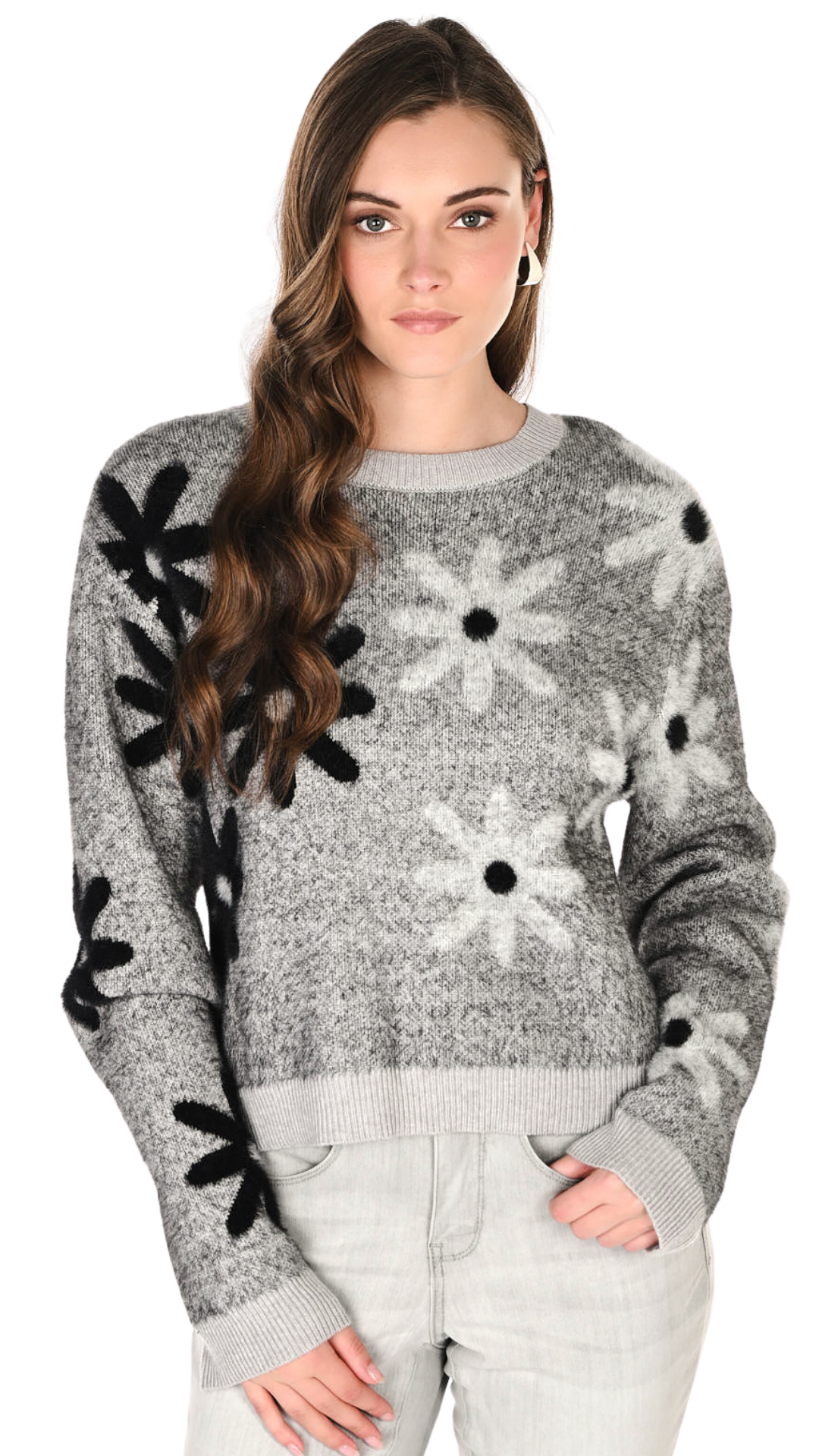 Crew Neck All-Over Flower Details Soft Sweater. Style FL263713