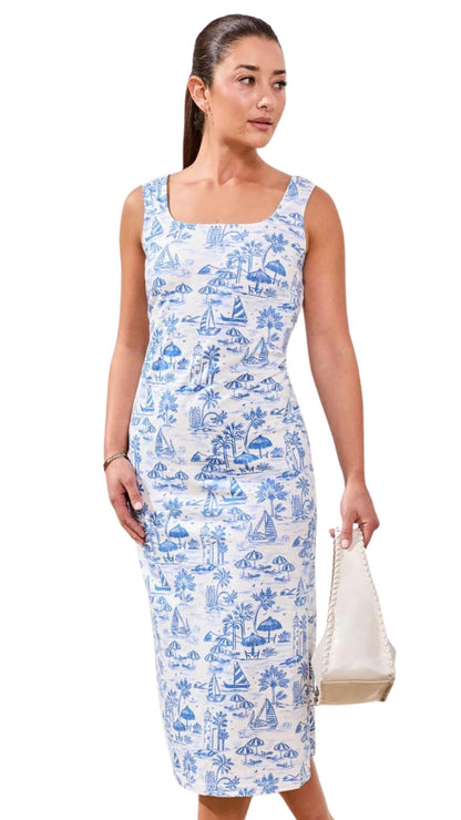 Sleeveless Square Neck Coastal Print Fitted Dress. Style TR958O-8467