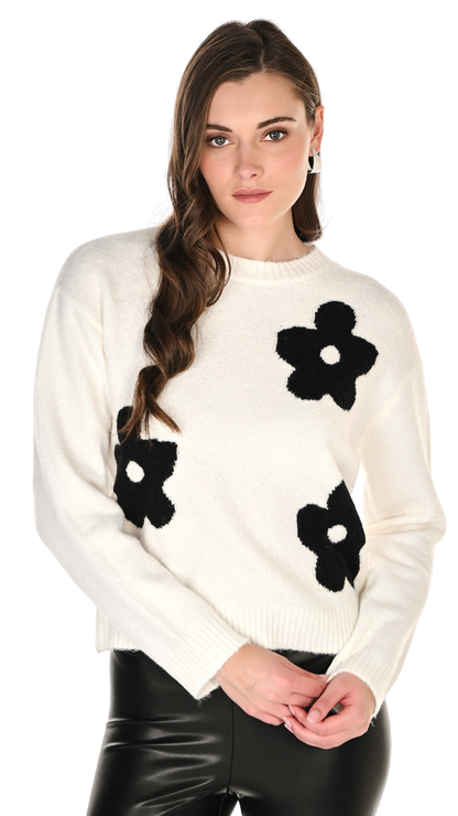 Crew Neck Black Flower Details Soft Sweater. Style FL263714