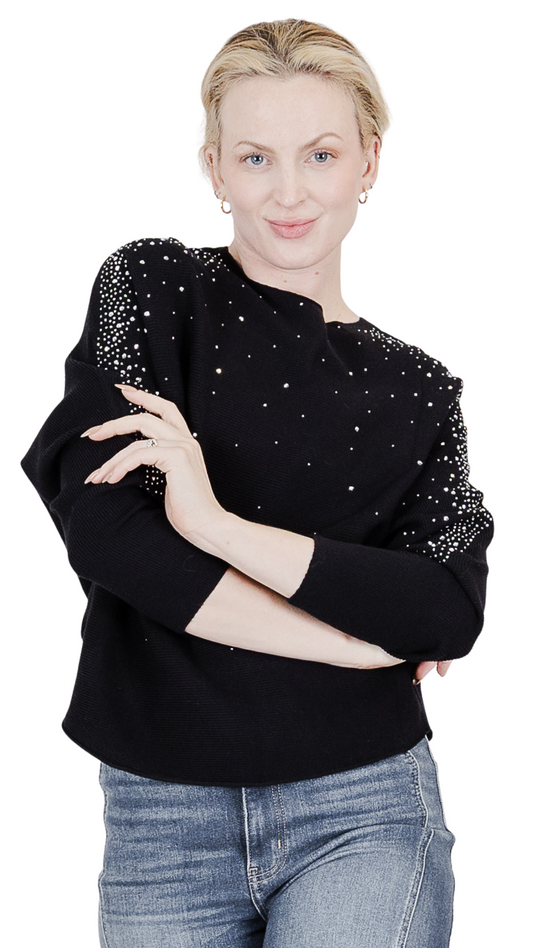 Cascading Rhinestones Batwing Sleeve Ribbed Sweater. Style FS262971