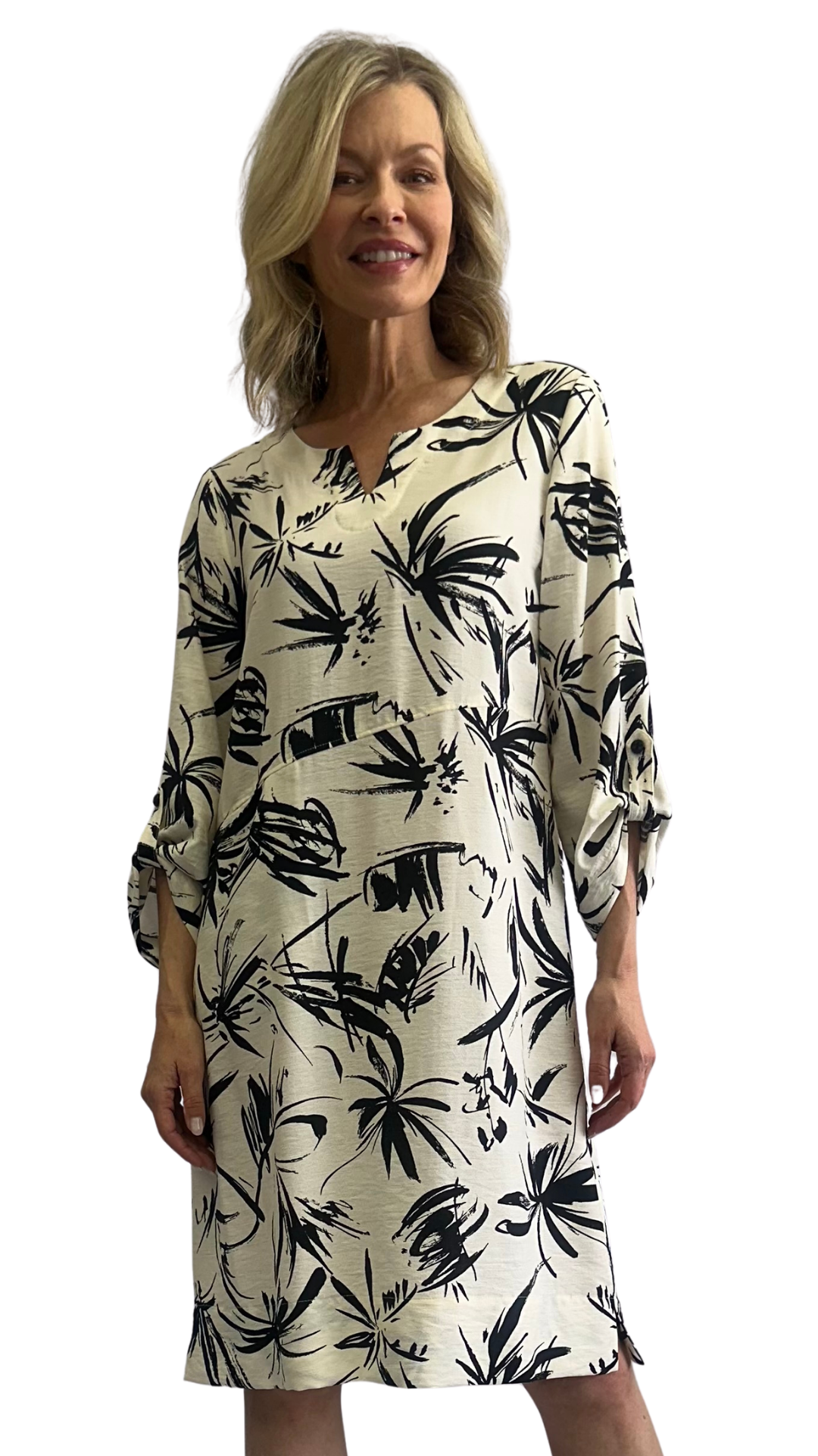 Notch Neck Lightweight Loose Fit 3/4 Roll-Up Sleeve Dress. Style SW207400