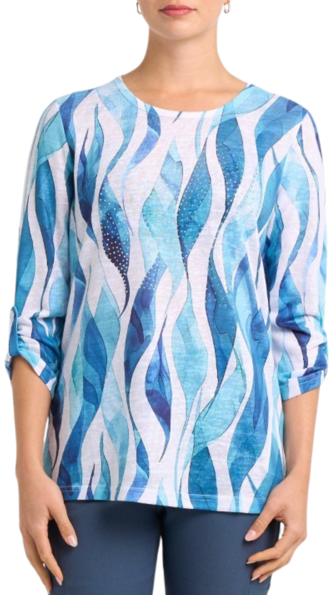 Blue Abstract Print Rhinestone Details Top. Style MIMXN193