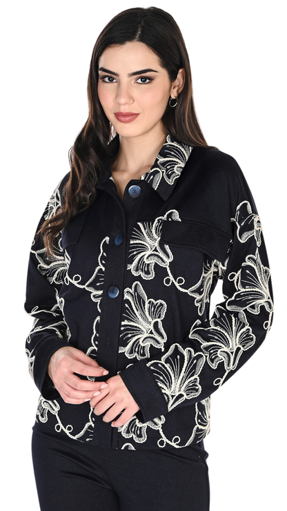 Button Front Soutache Floral Stretch Denim Jacket. Style FL263474