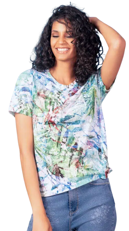 Round Neckline Tropical Print See-Through Top. Style ALS47315