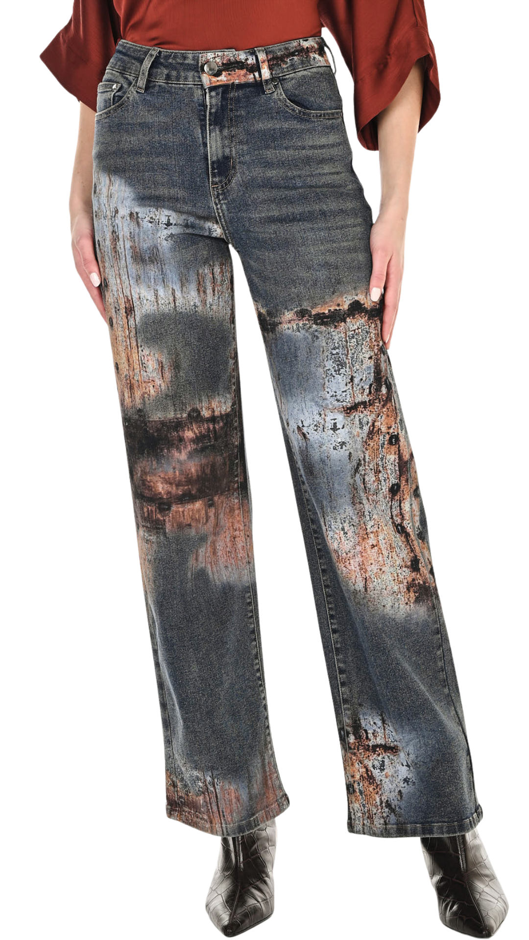 Wide Leg Distressed Print Jean. Style FL263743
