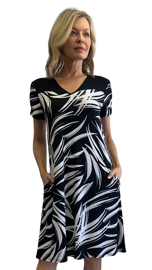 V-Neck Cap Sleeve Abstract Print Midi Dress. Style SW207245