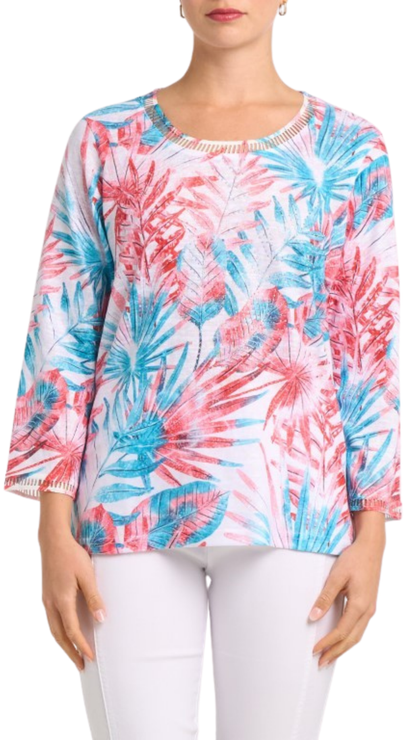 Ladder Stitch Leaf Print 3/4 Sleeve Top. Style MIMXM363