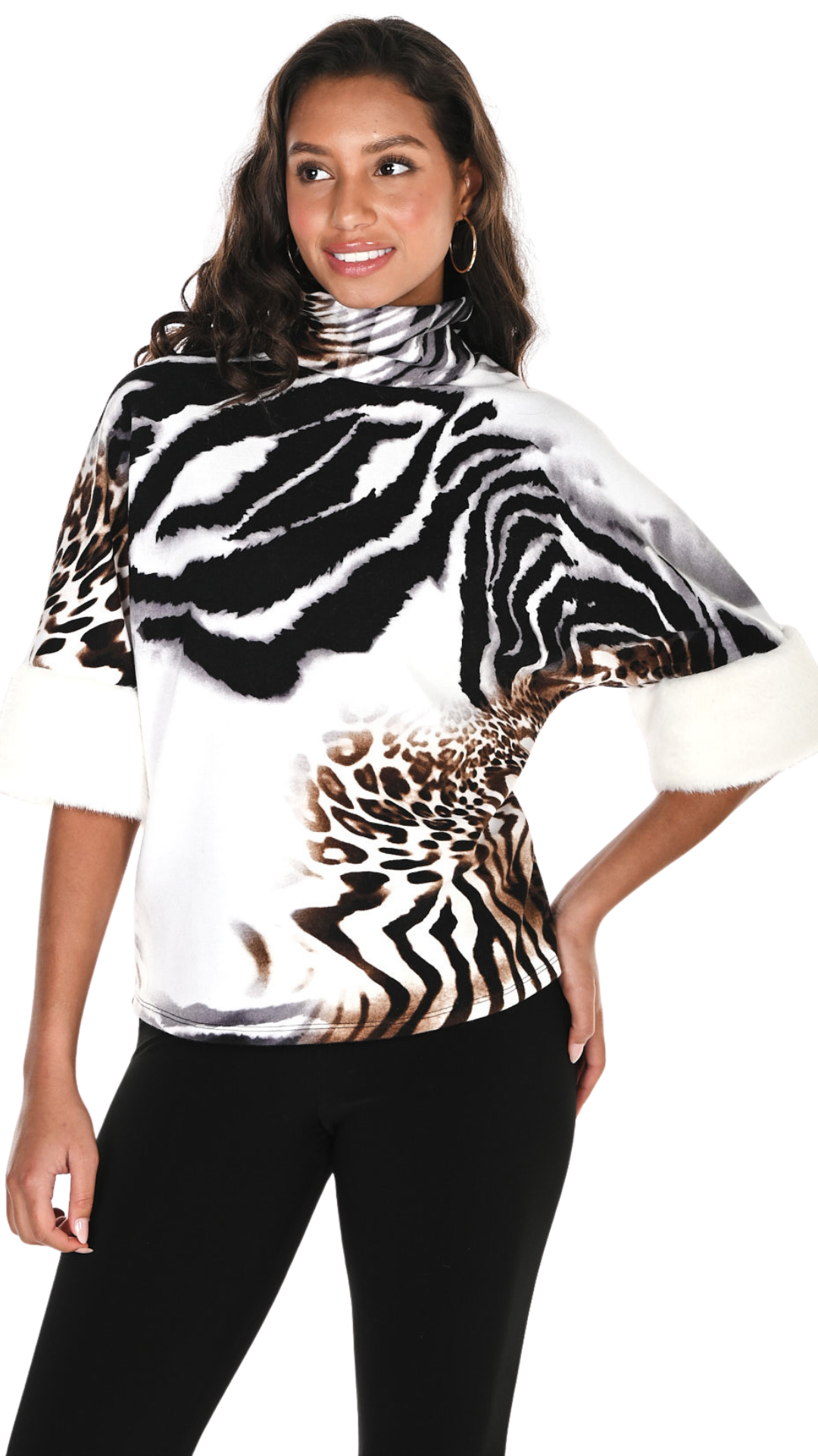 Animal Print Turtleneck Faux Fur Trim Short Sleeve Top. Style FL264201