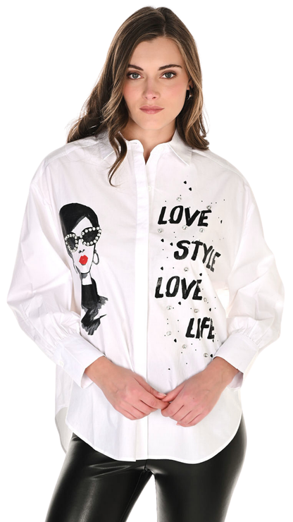 Graphic Print Love Life Button-Up Blouse. Style FL263766
