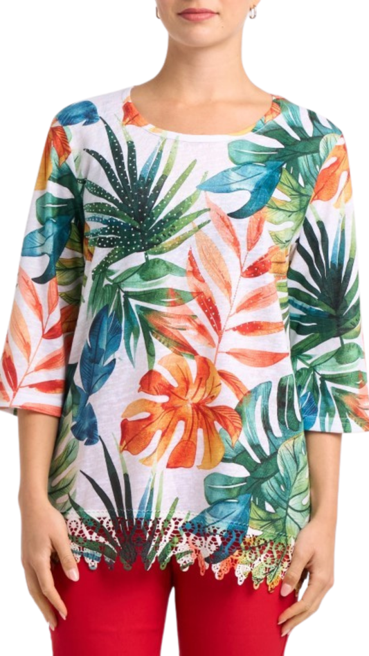 Lace Bottom Hem Tropical Leaf Print Top. Style MIMXP309