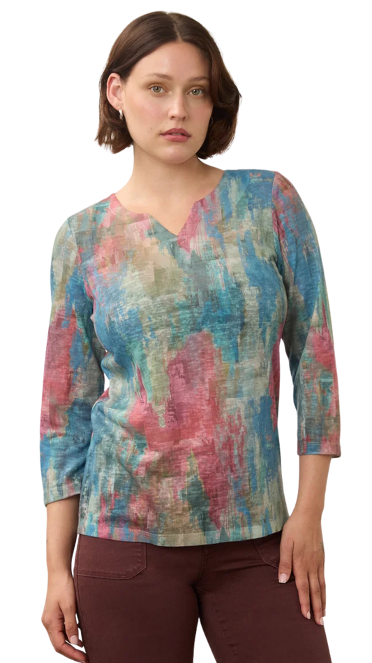 Notch Neck 3/4 Sleeve Abstract Print Top. Style FD3342451