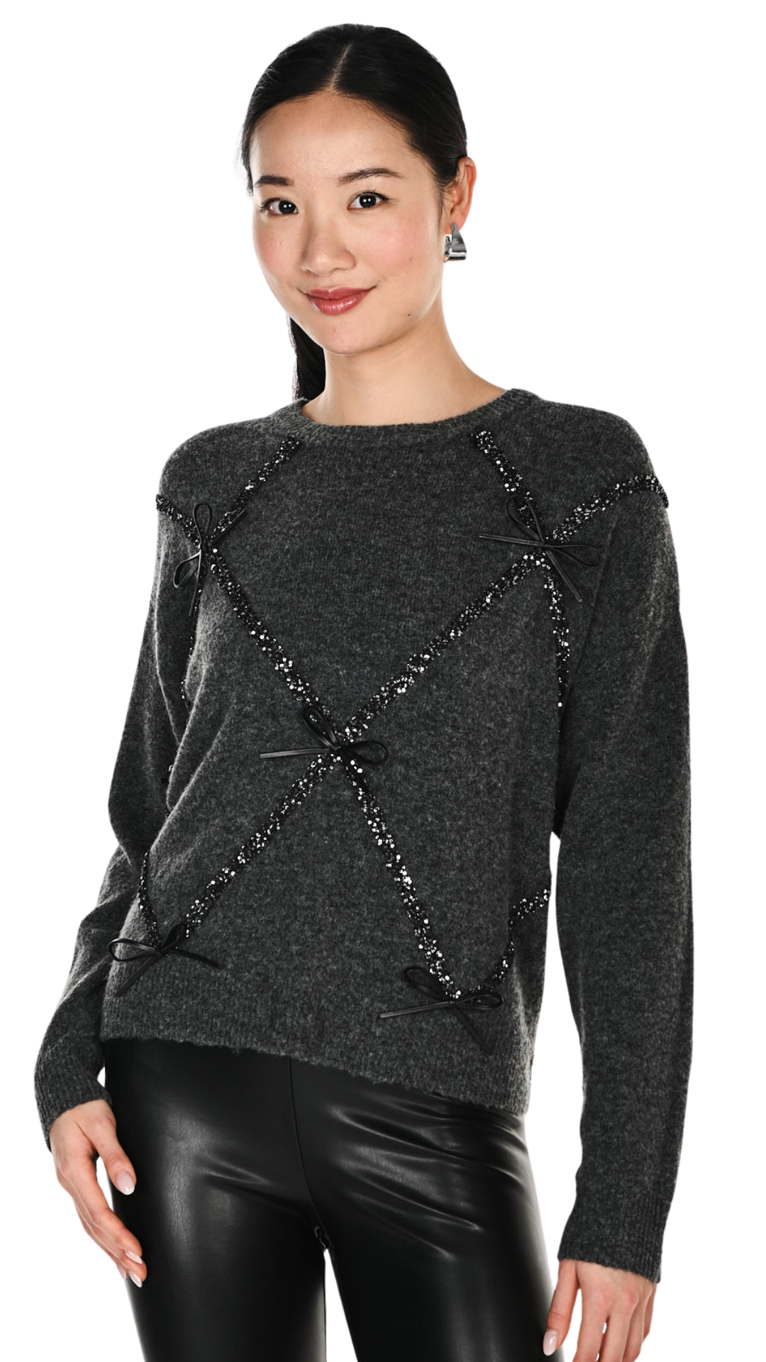 Black Bows Knitted Crew Neck Long Sleeve Sweater. Style FL264871