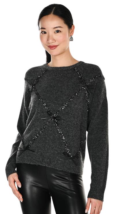 Black Bows Knitted Crew Neck Long Sleeve Sweater. Style FL264871