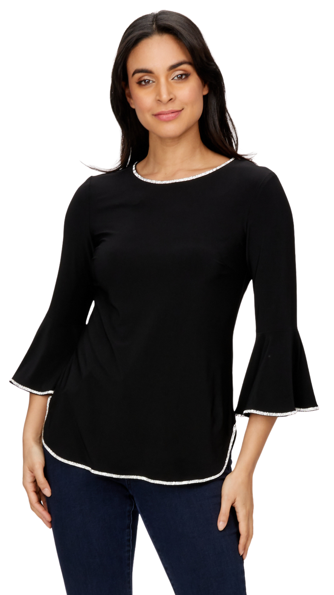 Rhinestone Trim Bell Sleeves Round Neck Top. Style FL198008