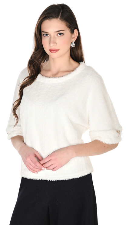 Soft Fuzzy Rhinestone Bow Details Short Sleeve Top. Style FL263356