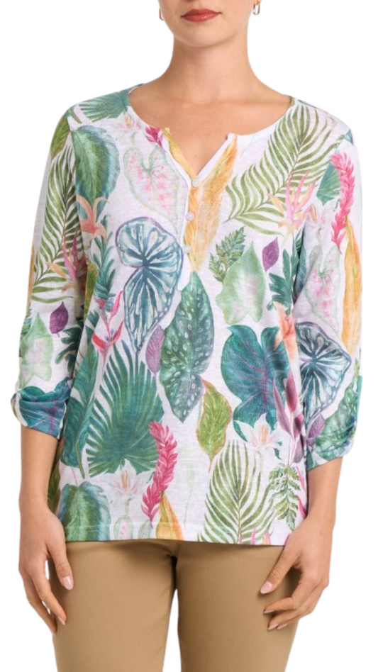 Henley Button 3/4 Sleeve Tropical Print Top. Style MIMXK906