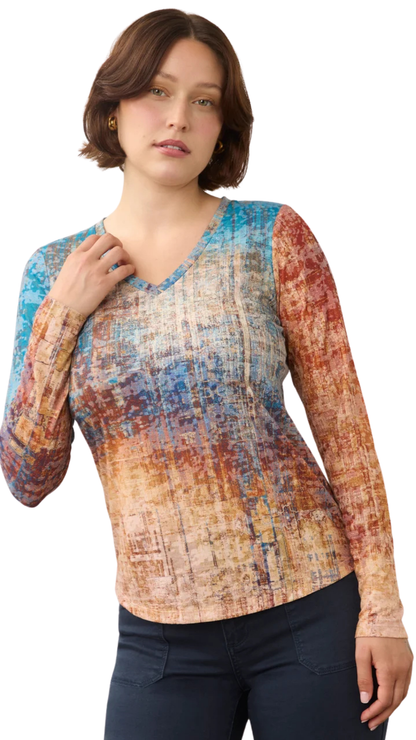 Long Sleeve V-Neck Abstract Printed Lightweight Top. Style FD3599844