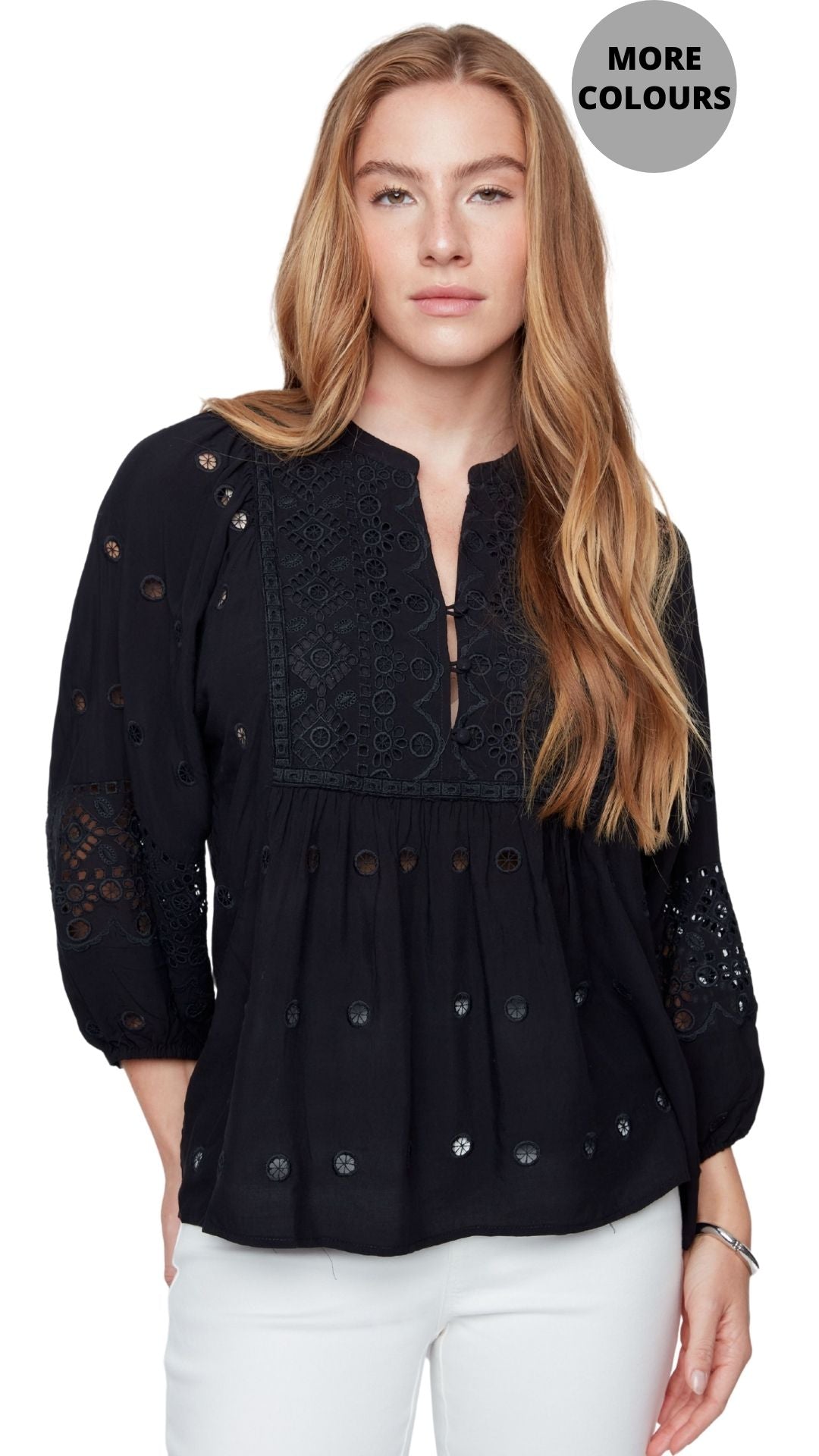 Eyelet Button Front Balloon Sleeve Blouse. Style REN5237-866