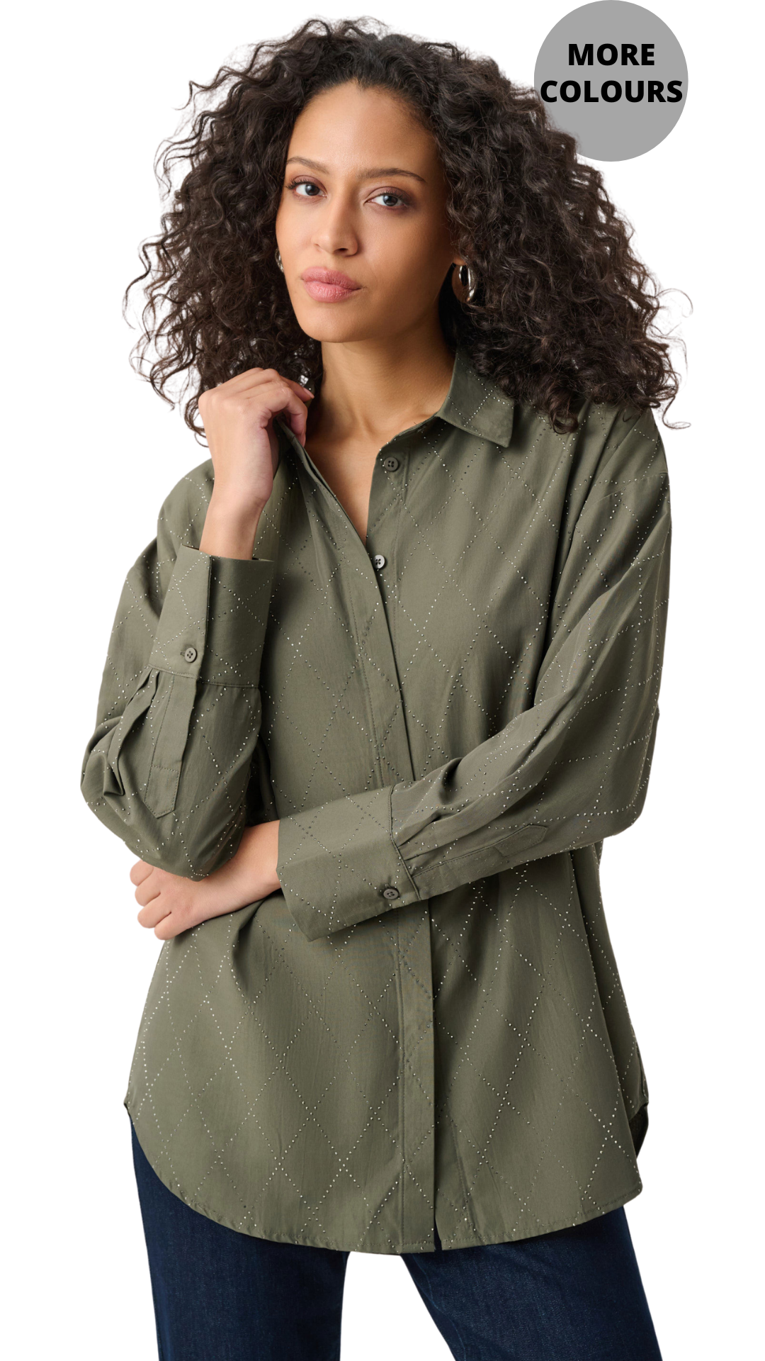 All-Over Rhinestone Detail Tencel Boxy Blouse. Style JR263922
