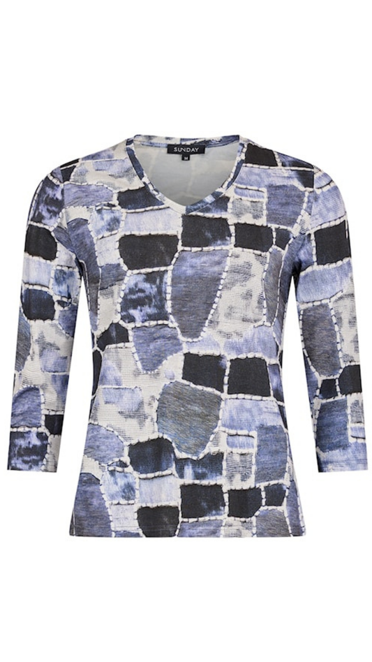 Abstract Print V-Neck 3/4 Sleeve Top. Style SUN6028