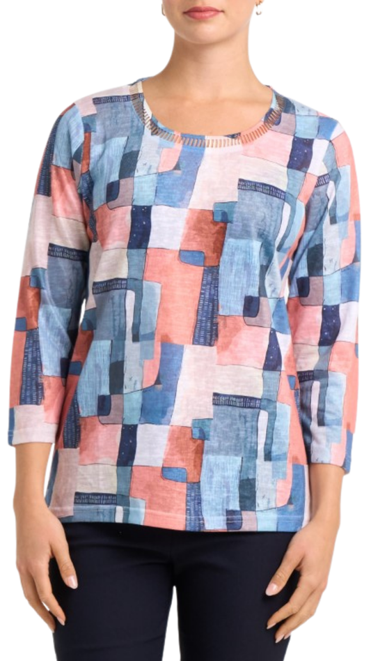 Ladder Stitch Neck 3/4 Sleeves Abstract Print Top. Style MIMXM556