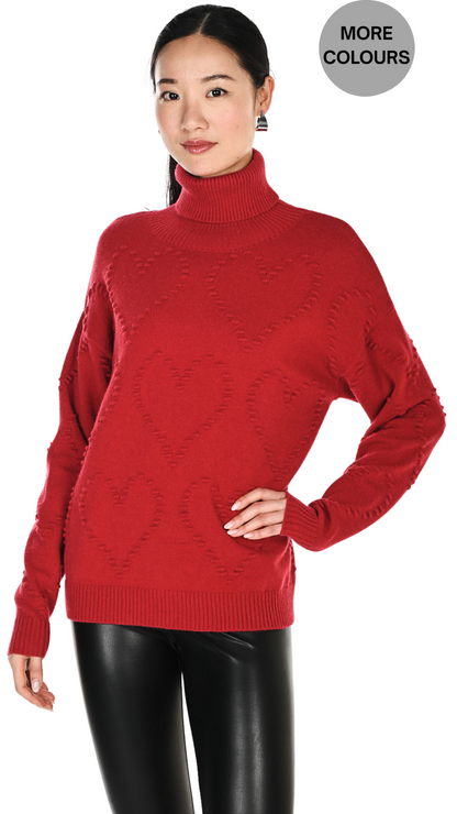 Turtleneck Raised Hearts Knit Sweater. Style FL264817