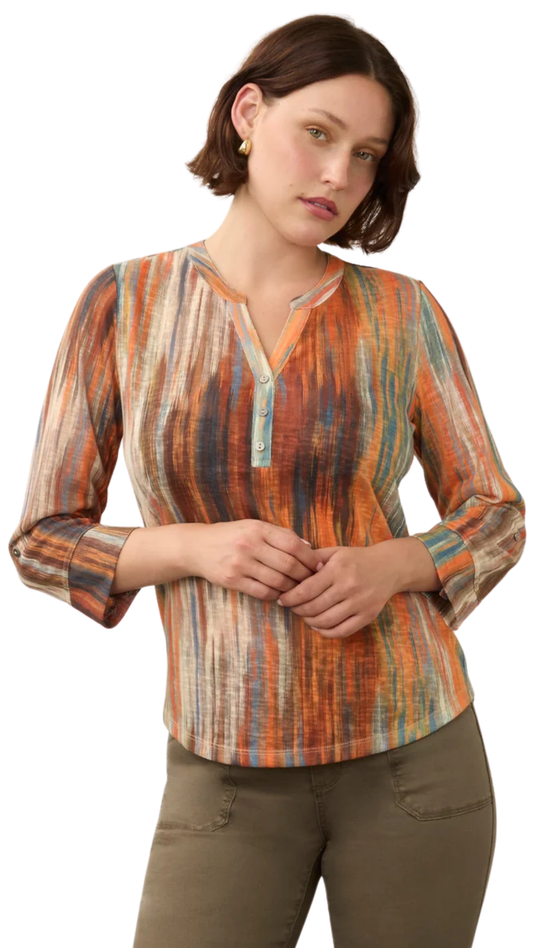 Henley 3/4 Sleeve Multi Colour Print Top. Style FD3287451