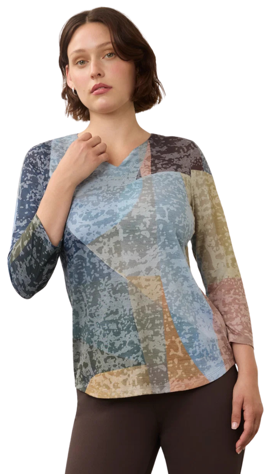 3/4 Sleeve V-Neck Abstract Printed Lightweight Top. Style FD3795844