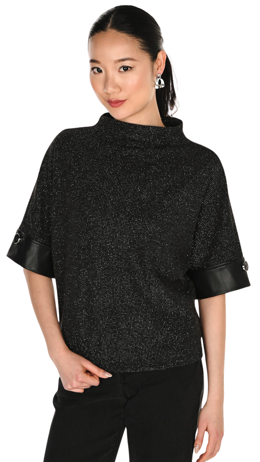 Metallic Knit Leather Statement Cuffs Boxy Fit Top. Style FL263420