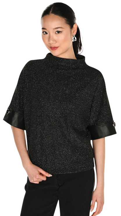 Metallic Knit Leather Statement Cuffs Boxy Fit Top. Style FL263420
