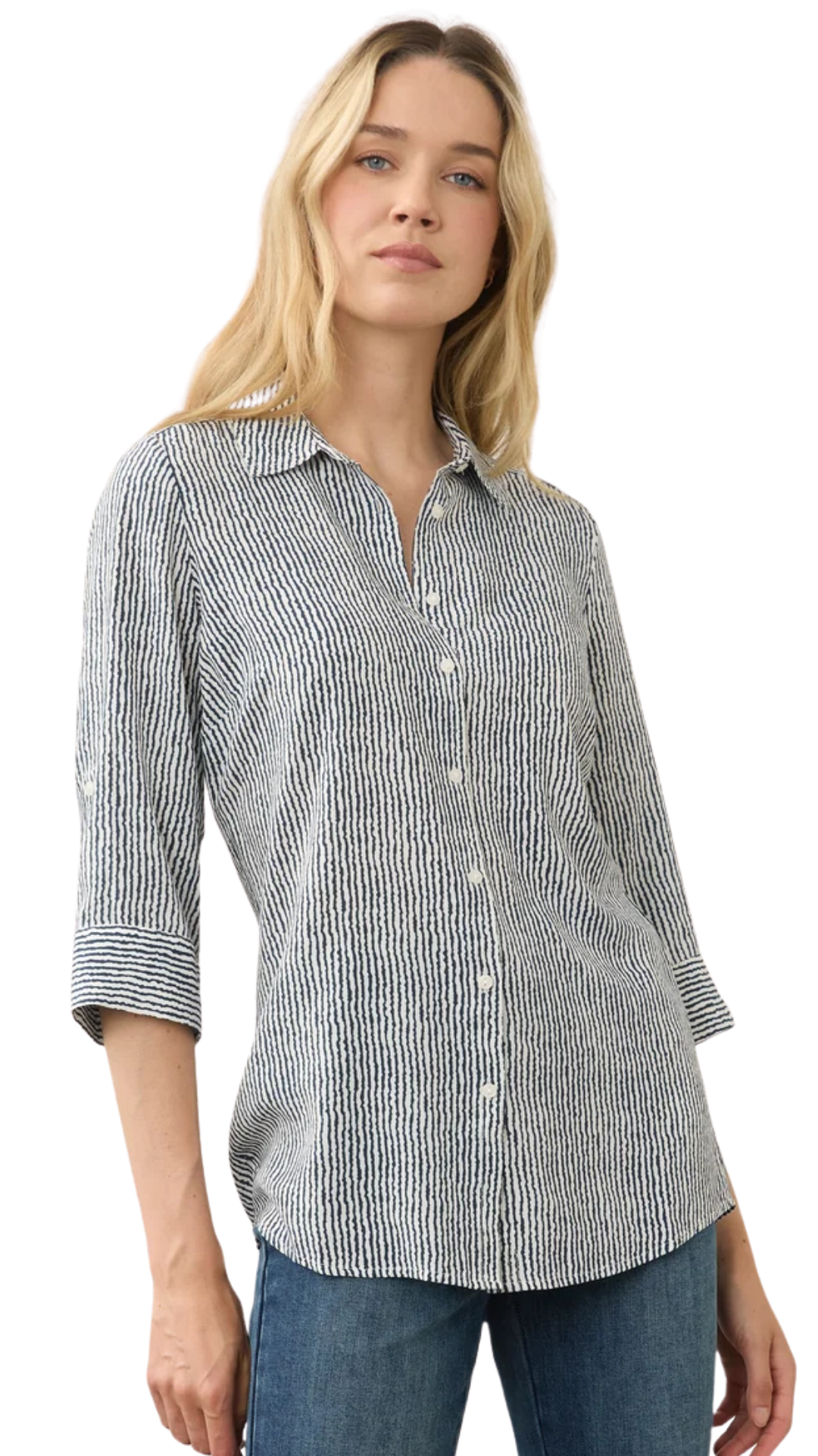 Long Sleeve Stripe Button Front Tunic. Style FD7386397