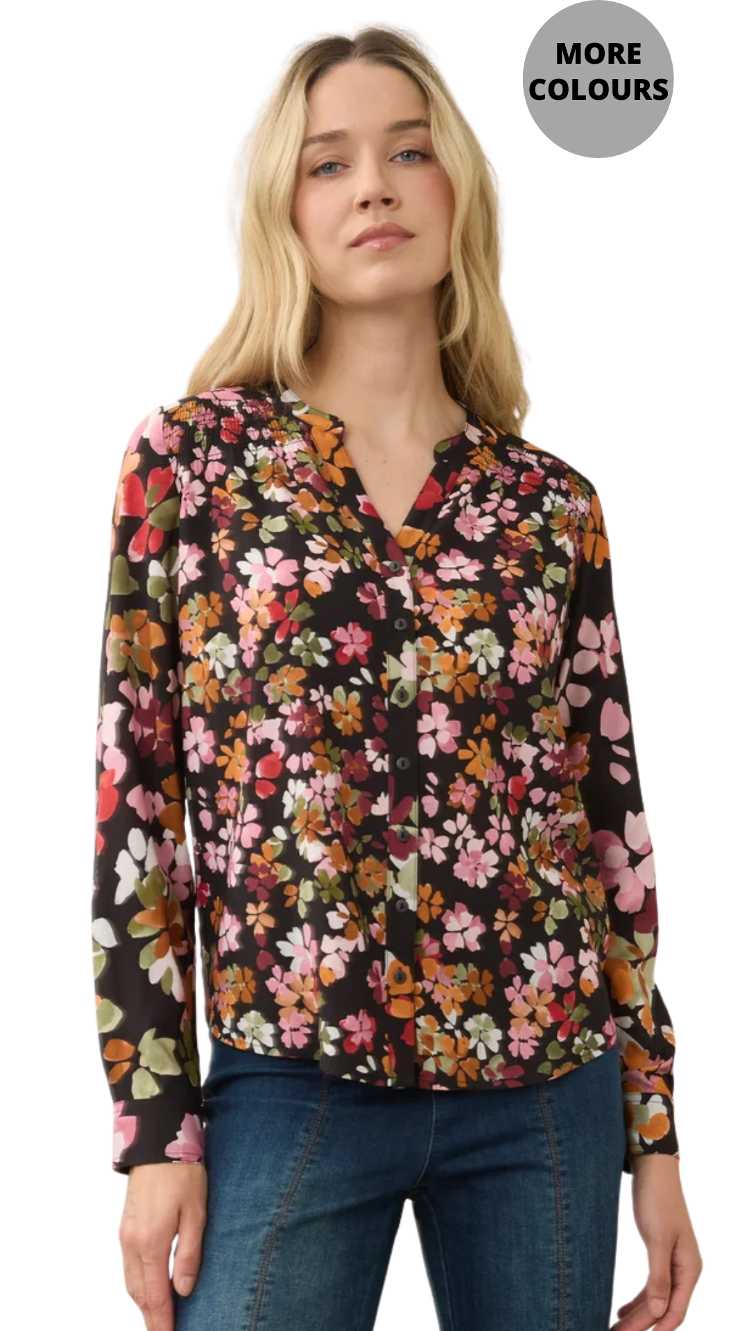 Button Front Collared Smocking Detail Floral Print Top. Style FD7796397