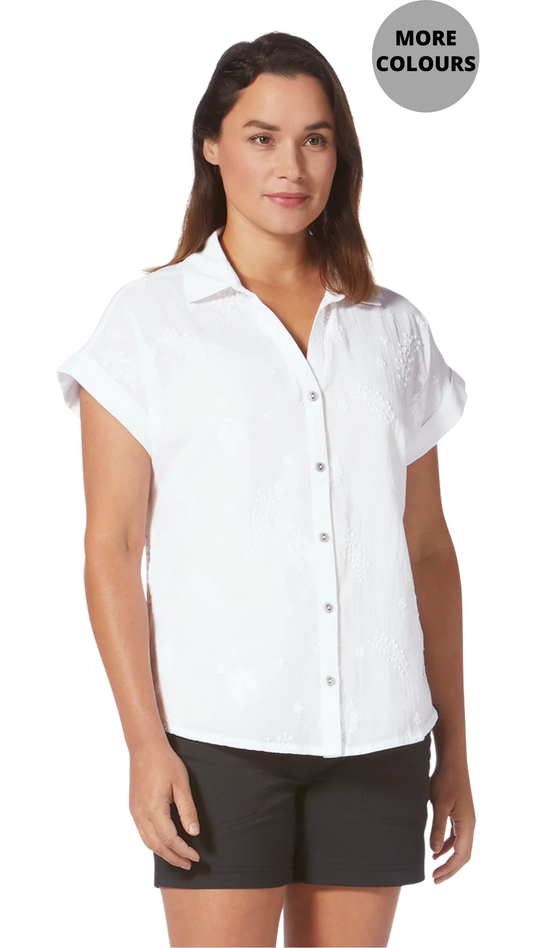 Button Up Crinkled Cotton with Floral Embroidery Top. Style RYRY621018