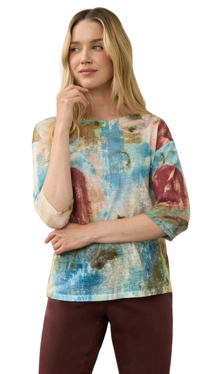 3/4 Sleeve Drop Shoulder Crew Neck Abstract Print Top. Style FD3279451
