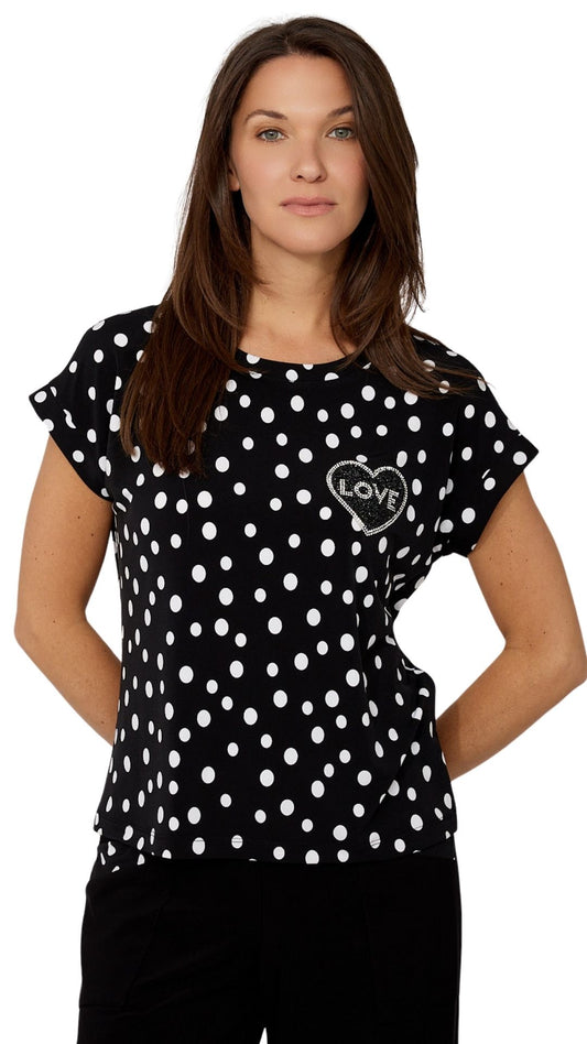 Polka Dot Rhinestone "Love" Heart Detail Top. Style FL266102