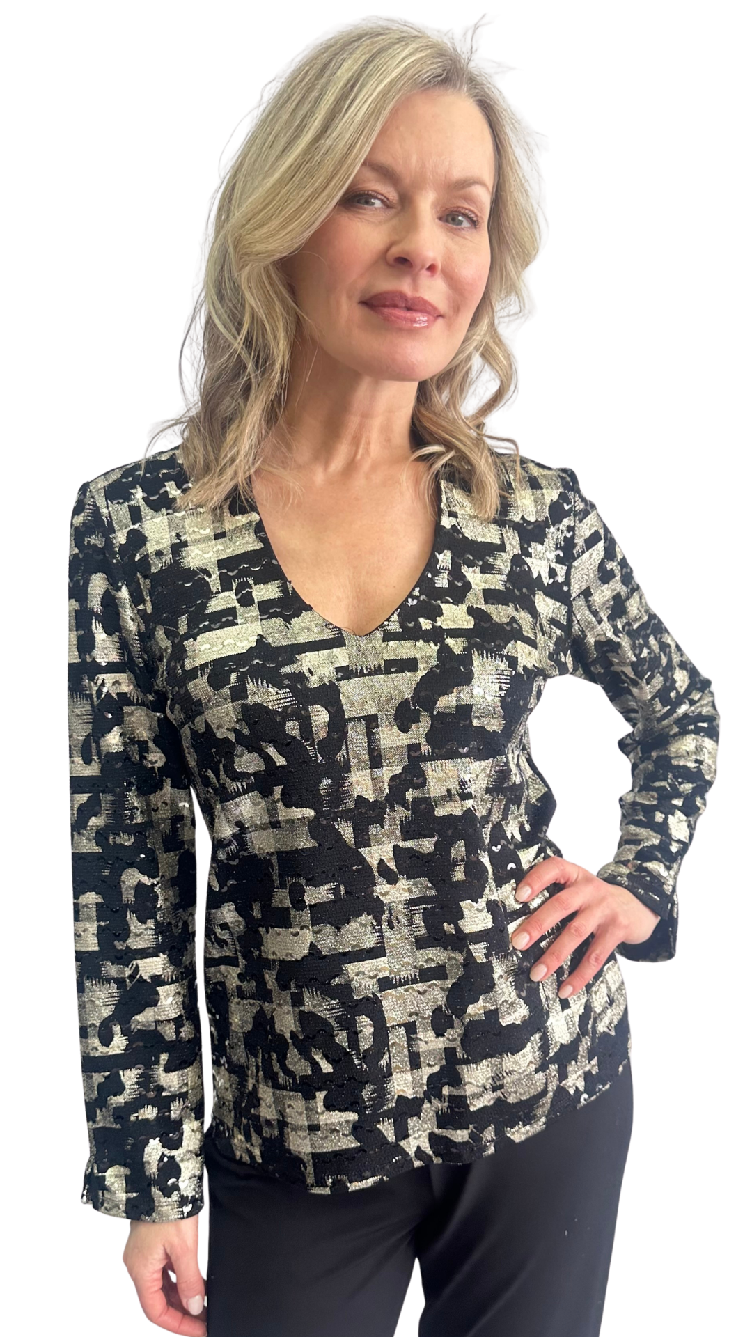 Holiday Dazzle V-Neck Long Sleeve Sparkle & Sequin Top. Style SW102033
