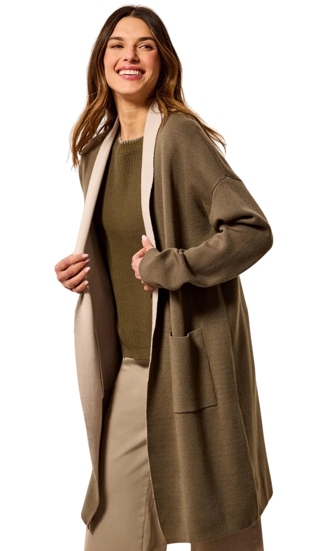 Open Front Patch Pockets Coatigan. Style TR1523O-3115