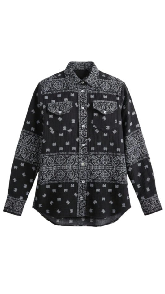 Bandana Print Button Front Long Sleeve Top. Style SHNP5673