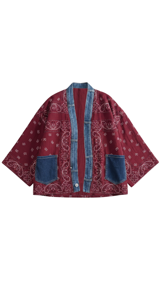 Bandana Print Denim Trim Cardigan. Style SHNP5755