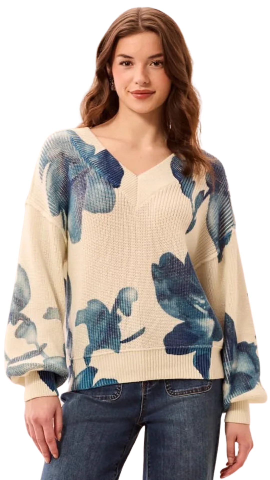 Drop Shoulder V-Neck Puff-Sleeve Printed Sweater. Style TR6363O-5614