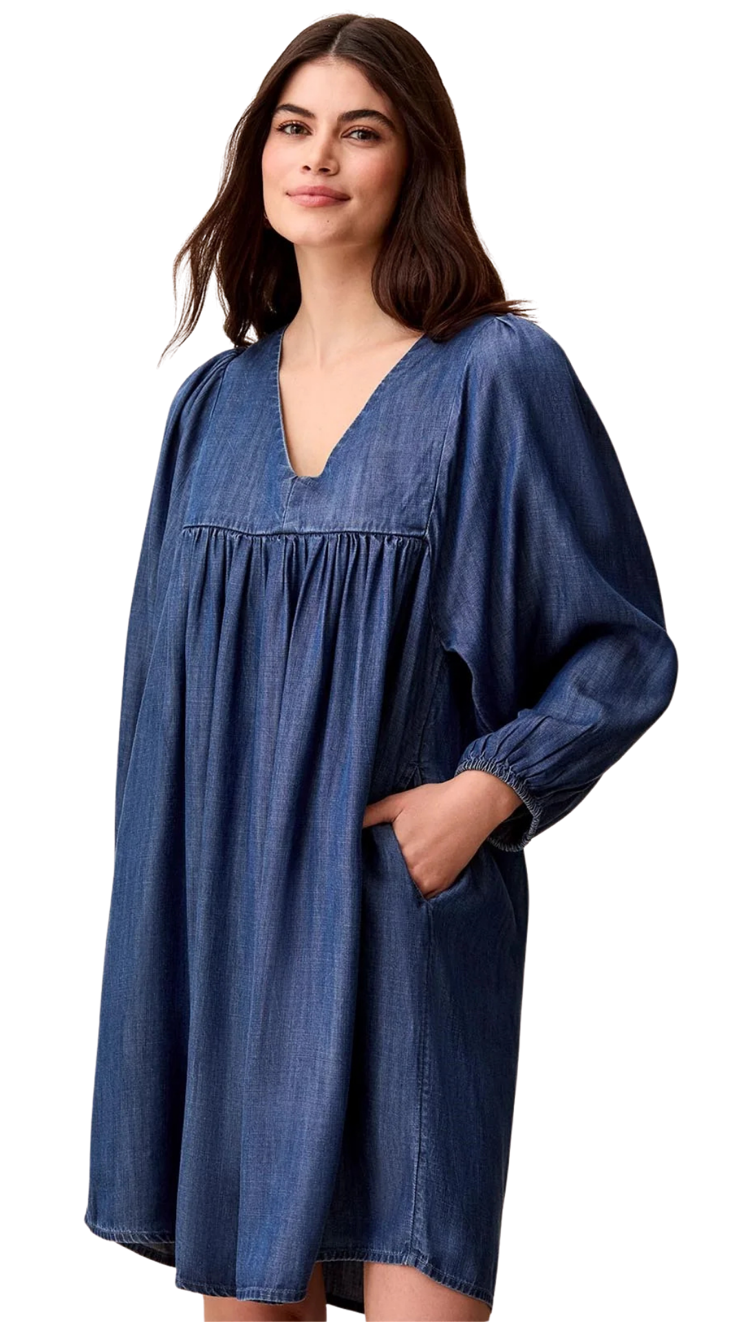 Tencel V-Neck Puff Sleeve Empire Waist Dress. Style TR6055O-4954