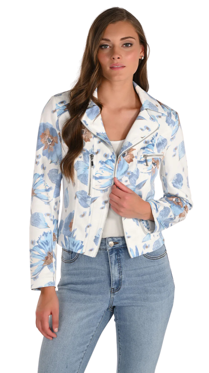 Suede Floral Print Cropped Moto Jacket. Style FL261618