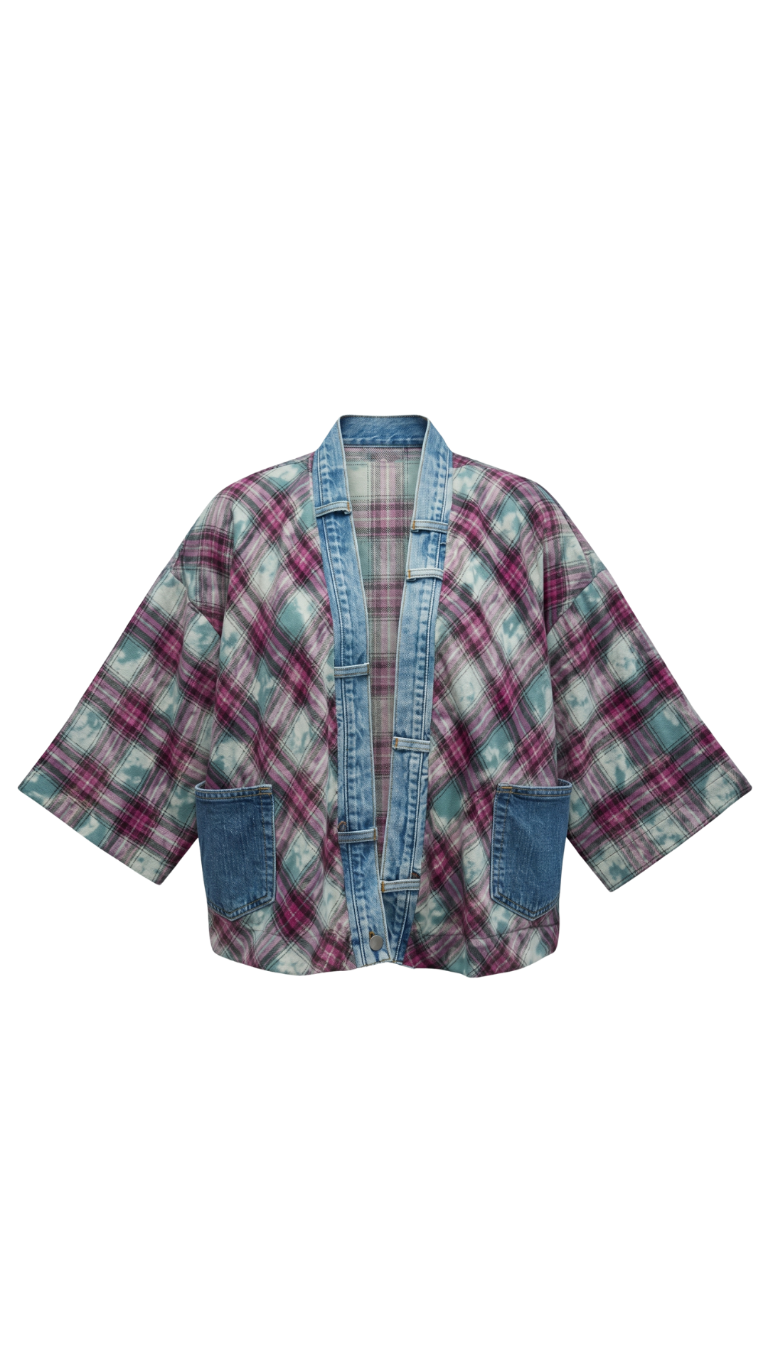 Ruthie Plaid Denim Trim Open Front Cardigan. Style SHNP5871