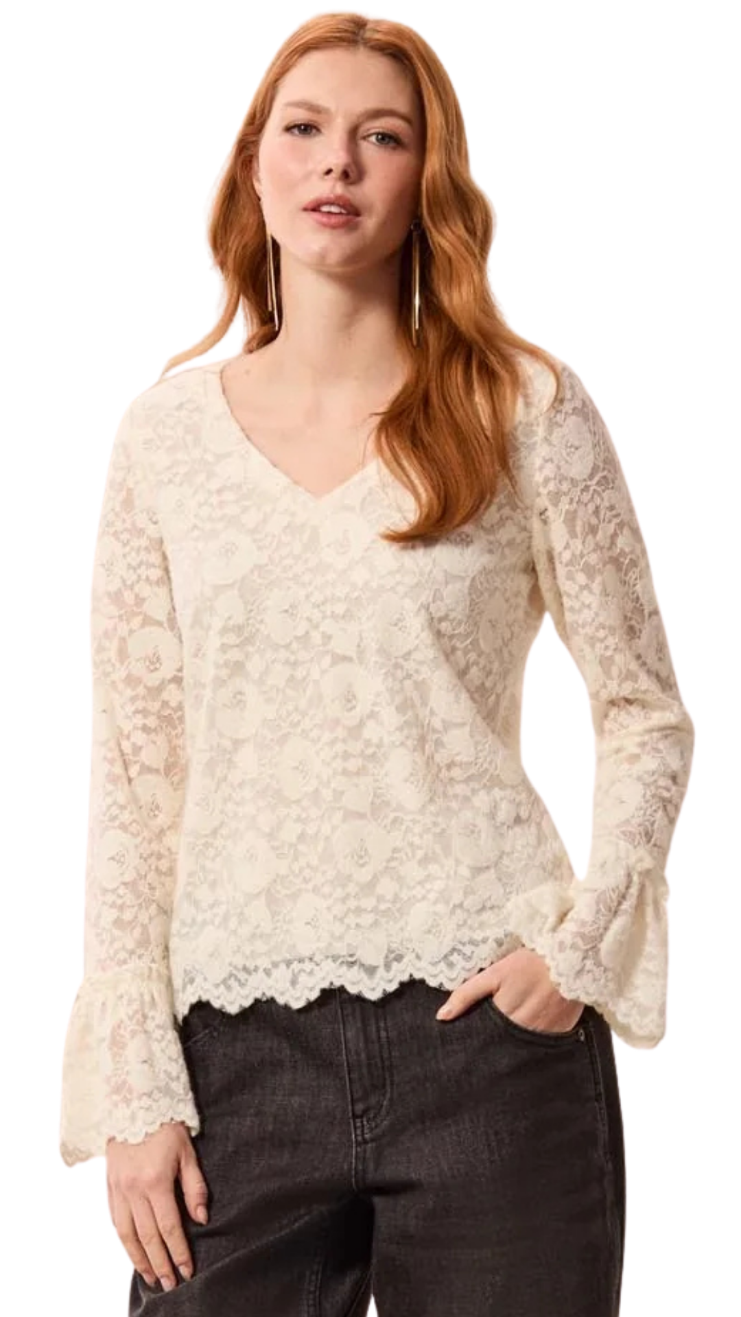 Wear 2 Ways Lace V-Neck Scalloped Hem Top. Style TR6359O-5733