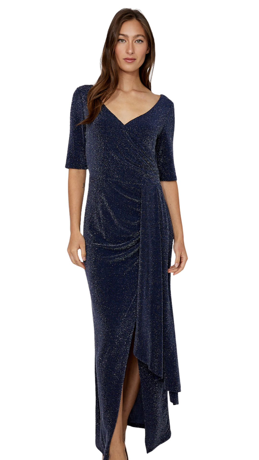 Draped Waist V-Neck Sparkle Maxi Dress. Style FL268225
