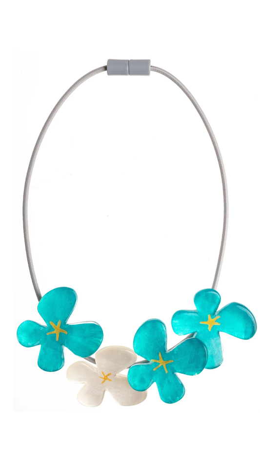 Hanna Collection - Four Flower Shaped Pendants Silver & Turquoise Necklace. Style 5450151TURQQ04
