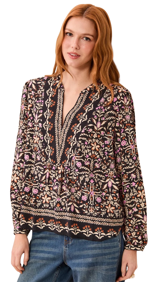 Jacquard Notch Neck Long Sleeve Empire Waist Blouse. Style TR3254O-3912